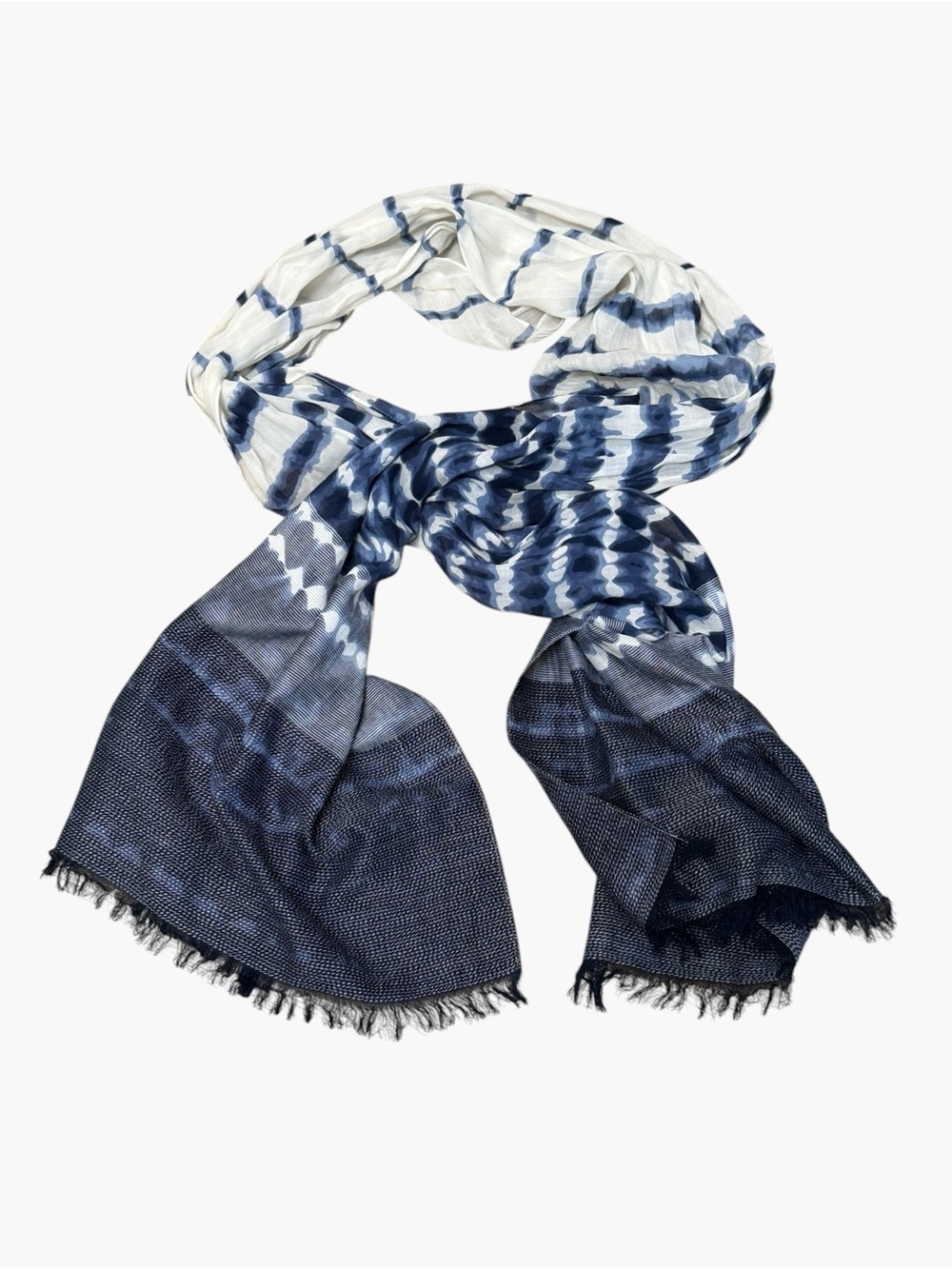 NWT J.Jill Pure Jill Blue White Ombre Dip Dye Fringe Scarf One Size
